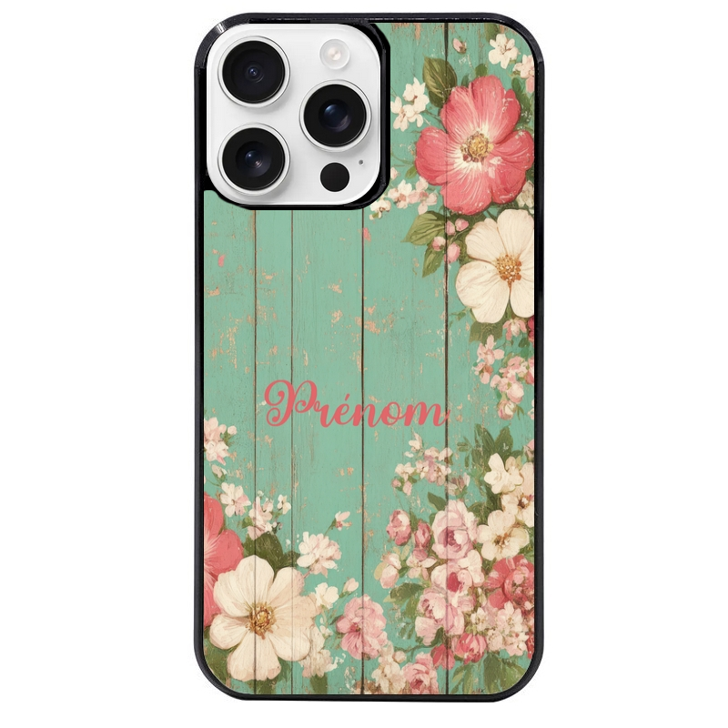 Coque noire taperso pour Iphone 16 16E PLUS MAX PRO avec motif bois et fleur avec votre prenom protection antichoc personnalisée