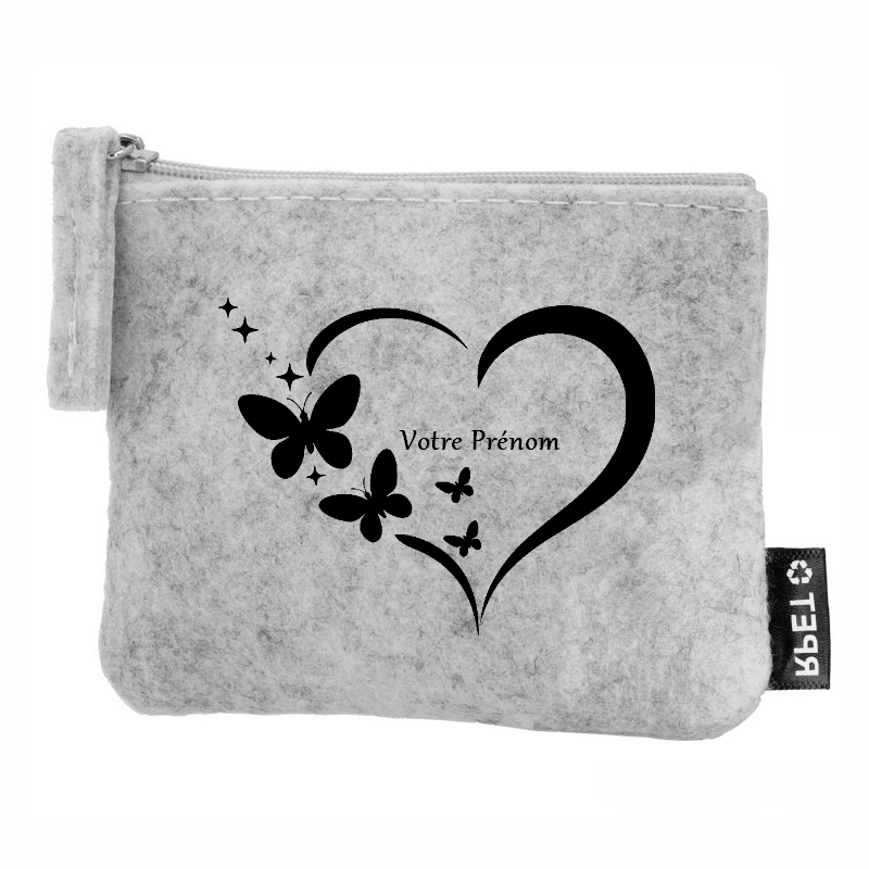 Porte monnaie personnalisé coeur papillon en feutrine en feutrine