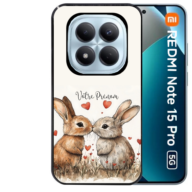 Coque noire taperso pour Redmi Note 15 et PRO PLUS 4G 5G avec motif lapin coeur avec prenom protection antichoc personnalisée