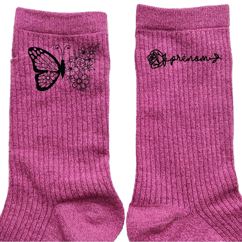 Chaussettes personnalisée paillettes rose motif papillon et fleur