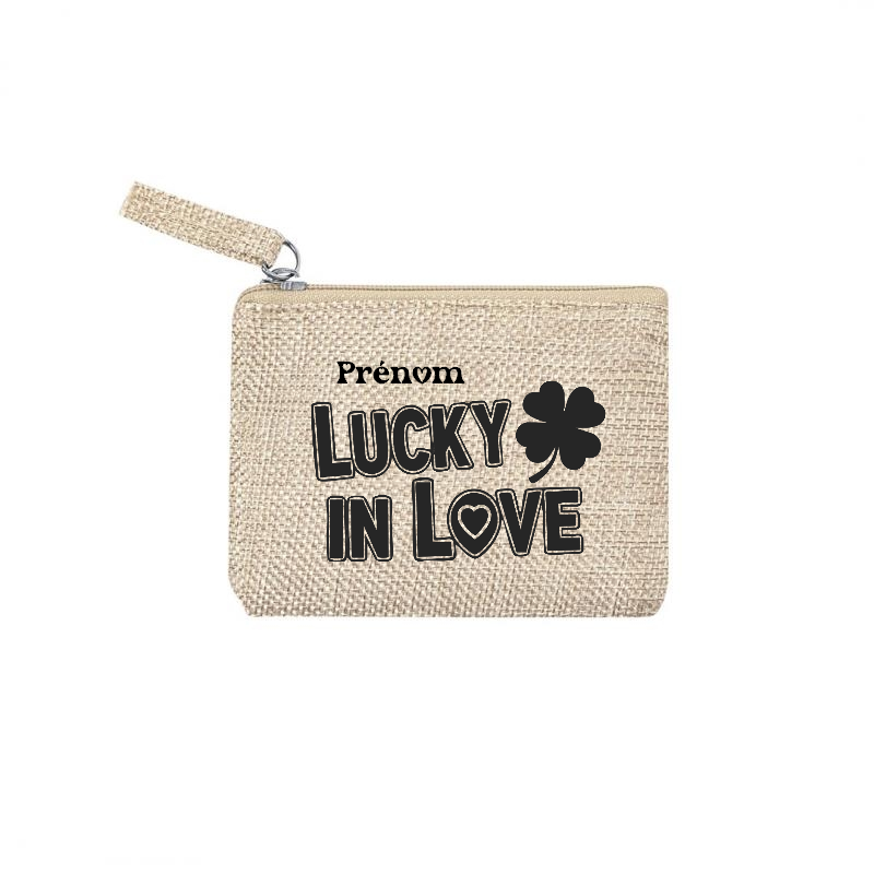 Pochette personnalisée motif love luck en toile et simili cuir personnalisée