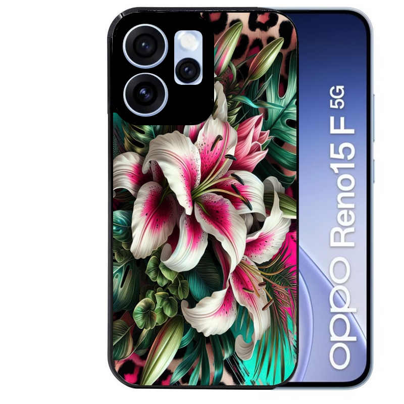 Coque noire taperso pour OPPO Reno 15 et F FS 5G avec motif leopard hibiscus protection antichoc personnalisée