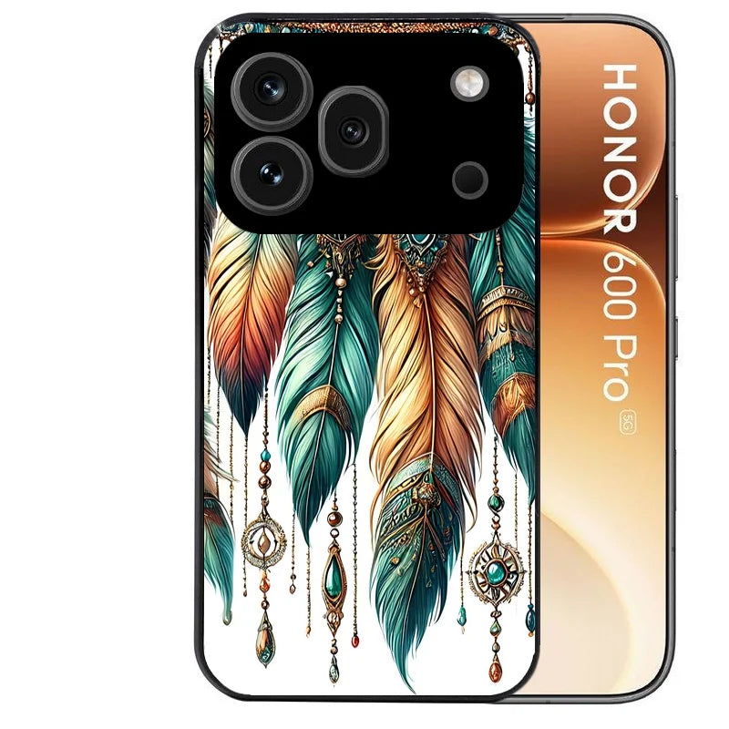 Coque noire taperso pour Honor 600 et 600 PRO avec motif plumes et bijoux protection antichoc personnalisée