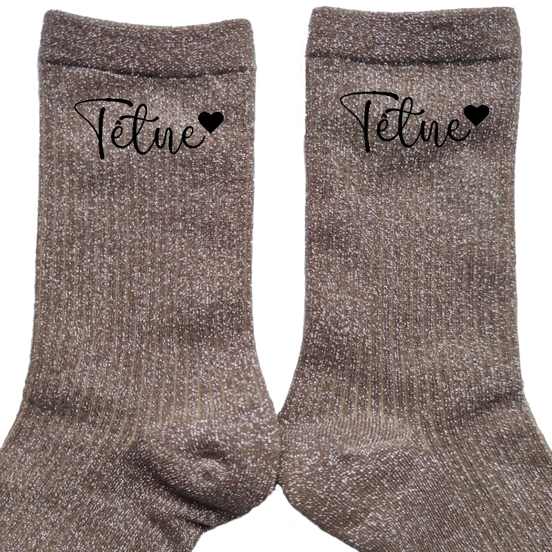 Chaussettes paillettes bronze motif tëtue