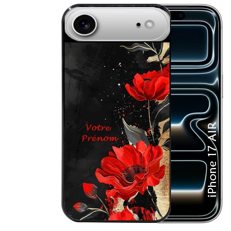Coque noire taperso pour Iphone 17 17E AIR MAX PRO avec motif fleur rouge avec prenom protection antichoc personnalisée