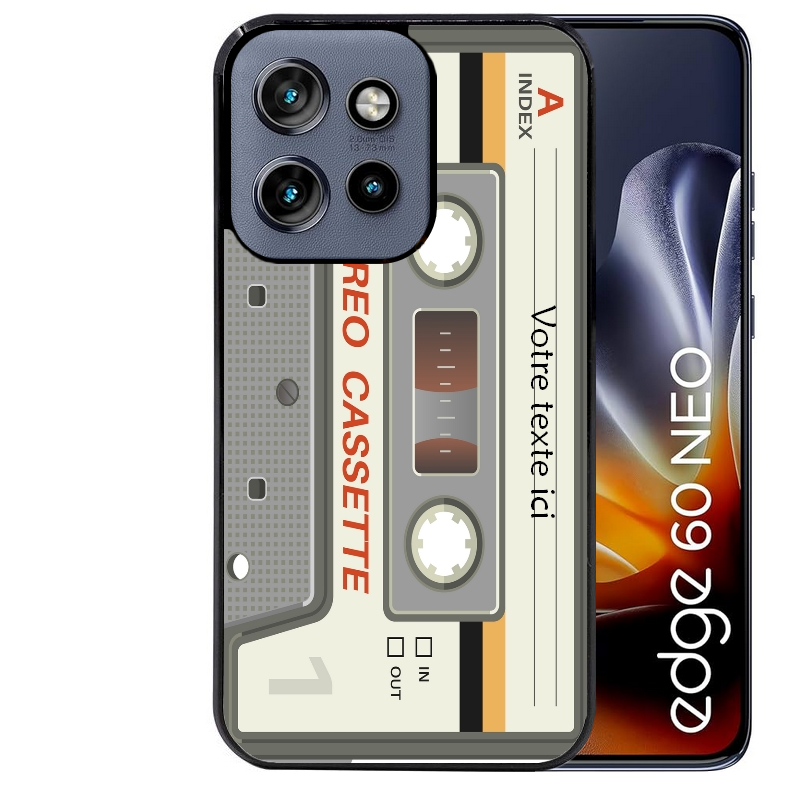 Coque noire taperso pour Moto Edge 60 et Neo Fusion Pro avec motif cassette grise personnalisable protection antichoc personnalisée
