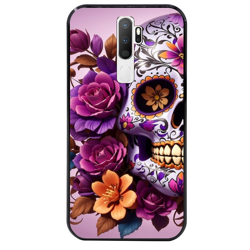 Coque noire taperso pour OPPO A5 A9 2020 avec motif tete de mort calavera violette protection antichoc personnalisée