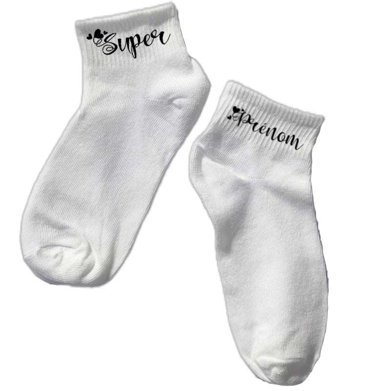 Chaussette courte personnalisée avec votre prénom super disponible en blanc, rose, vert, jaune, violet et bleu