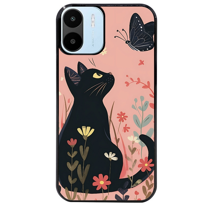 Coque noire taperso pour Redmi A1 et A2 avec motif chat papillon 2 protection antichoc personnalisée