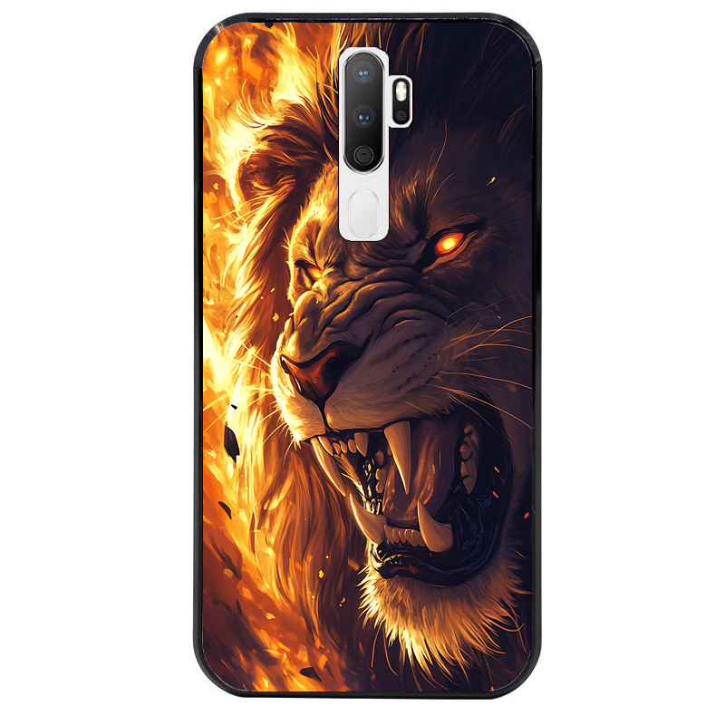 Coque noire taperso pour OPPO A5 A9 2020 avec motif lion flamme protection antichoc personnalisée