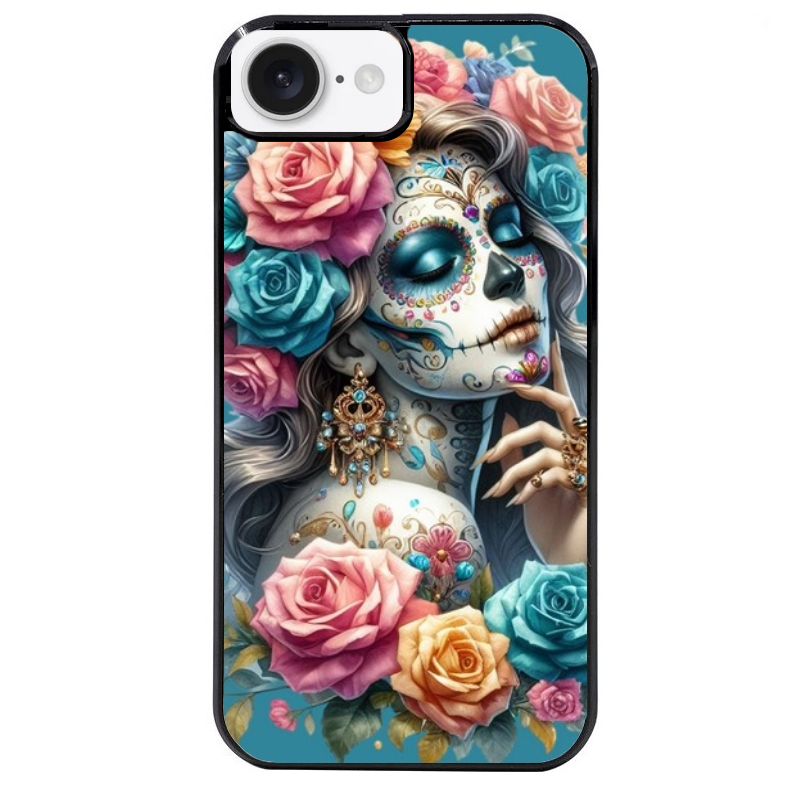 Coque noire taperso pour Iphone 17 17E AIR MAX PRO avec motif tete de mort calavera bleu protection antichoc personnalisée