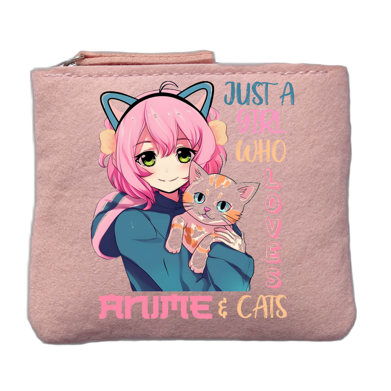 Porte monnaie motif anime chat rose clair en feutrine en feutrine