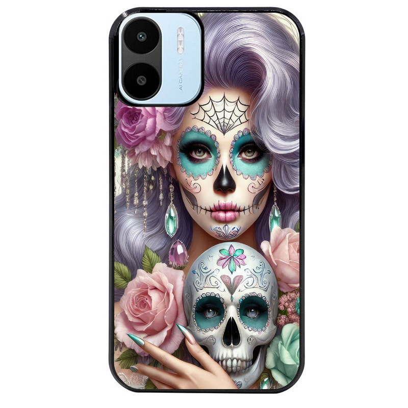 Coque noire taperso pour Redmi A1 et A2 avec motif tete de mort calavera bijoux protection antichoc personnalisée