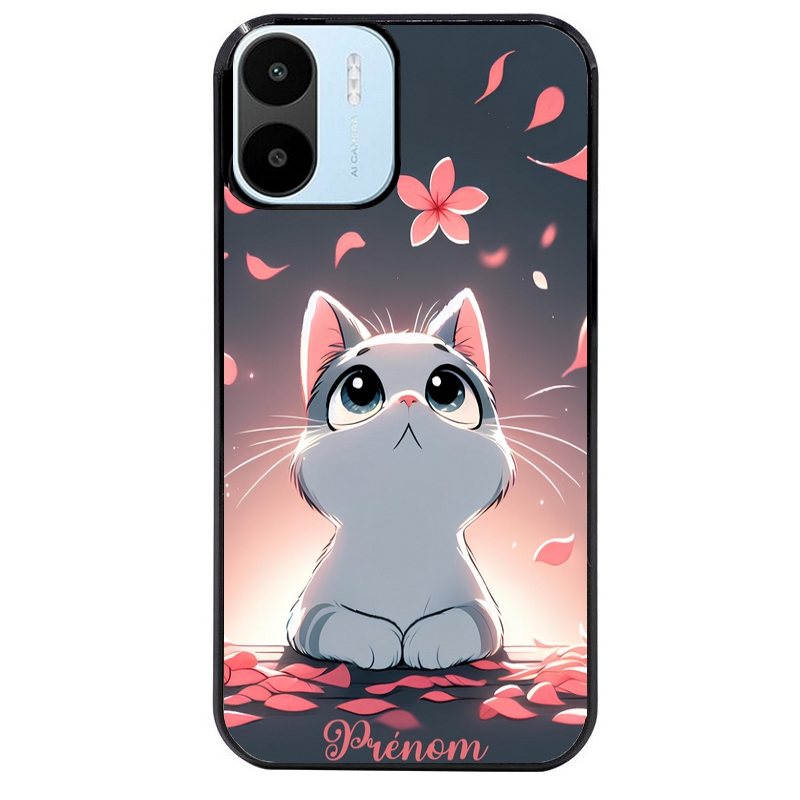 Coque noire taperso pour Redmi A1 et A2 avec motif chat anime avec votre prenom protection antichoc personnalisée