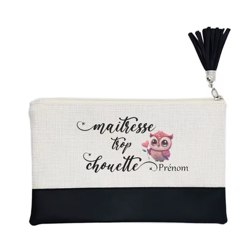 Pochette personnalisée motif maitresse chouette en toile et simili cuir personnalisée