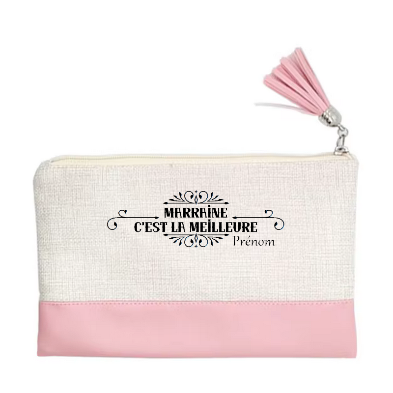 Pochette personnalisée motif marraine meilleure en toile et simili cuir personnalisée