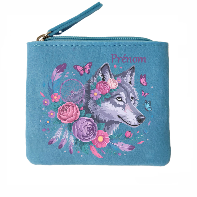 Porte monnaie personnalisé loup dreamcatcher en feutrine en feutrine