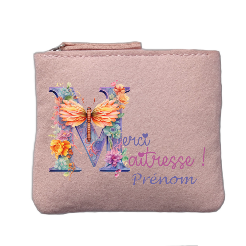 Porte monnaie personnalisé motif maitresse merci fleurs rose clair en feutrine en feutrine