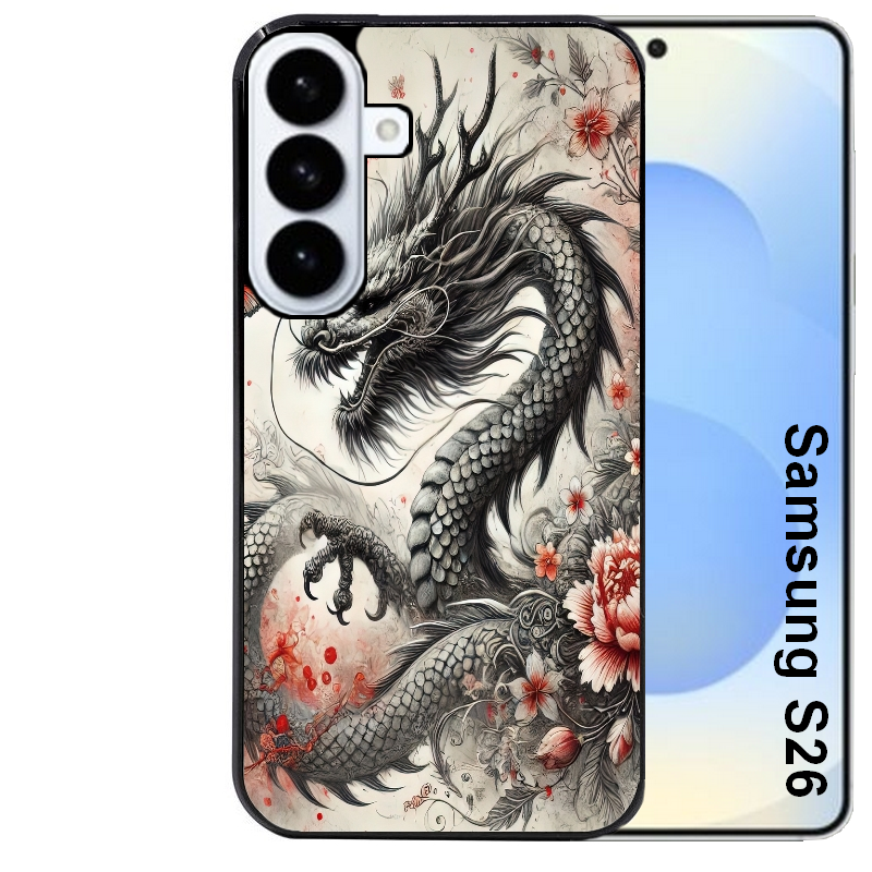Coque noire taperso pour galaxy S26 et PLUS ULTRA FE avec motif dragon japan protection antichoc personnalisée