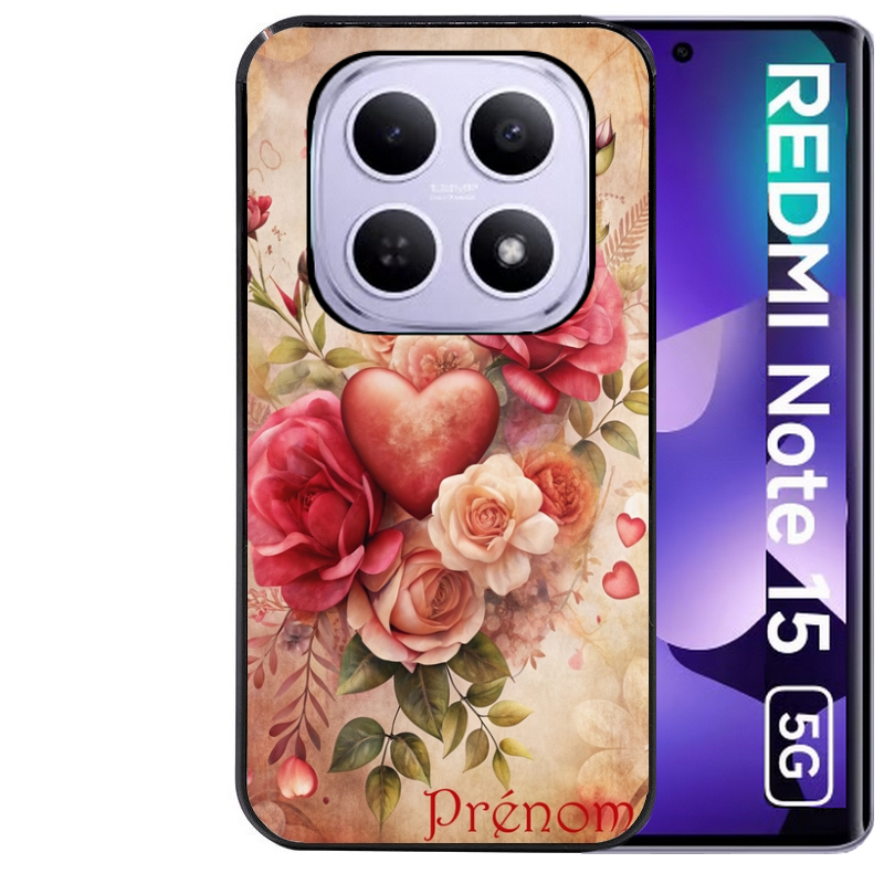 Coque noire taperso pour Redmi Note 15 et PRO PLUS 4G 5G avec motif coeur et fleur personnalisee protection antichoc personnalisée