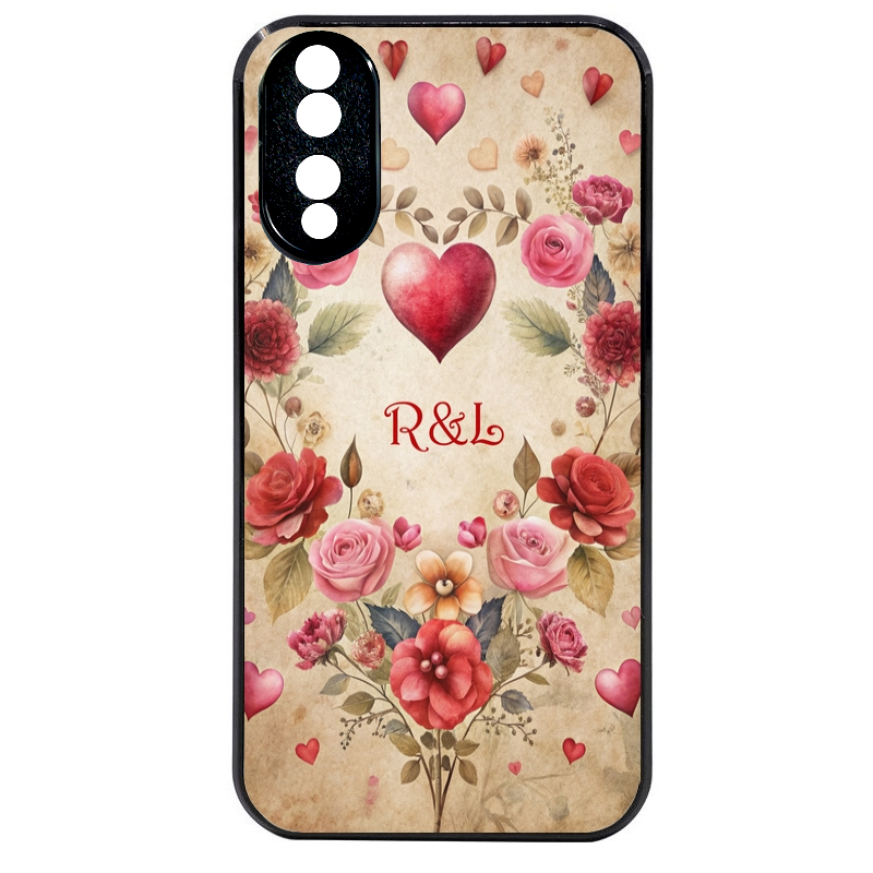 Coque noire taperso pour Honor 70 LITE 90 et LITE avec motif coeur vintage et initiales personnalisee protection antichoc personnalisée