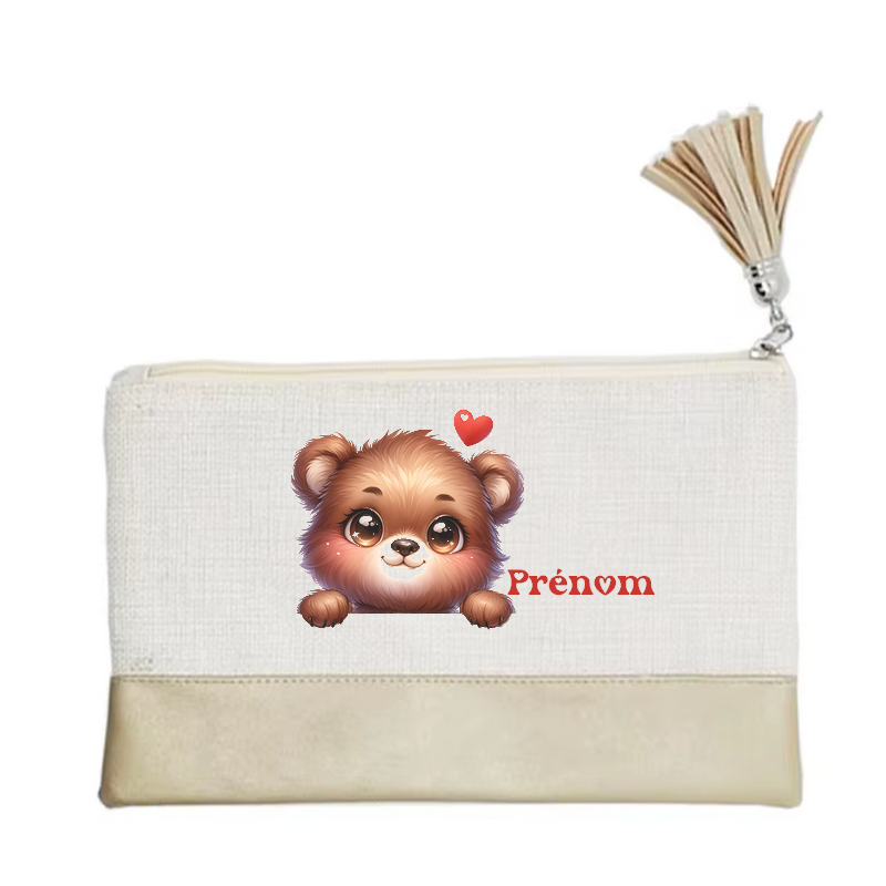 Pochette personnalisée motif ourson cœur en toile et simili cuir personnalisée