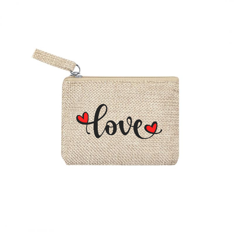 Pochette motif love double cœur en toile et simili cuir