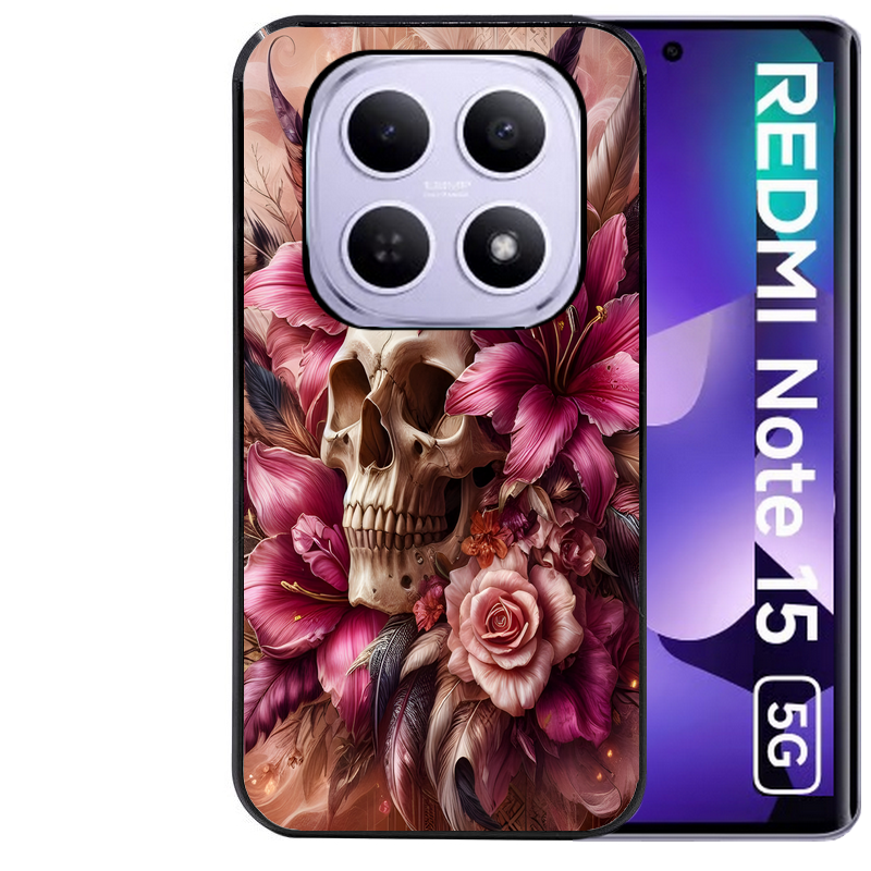 Coque noire taperso pour Redmi Note 15 et PRO PLUS 4G 5G avec motif tete de mort skull plume protection antichoc personnalisée