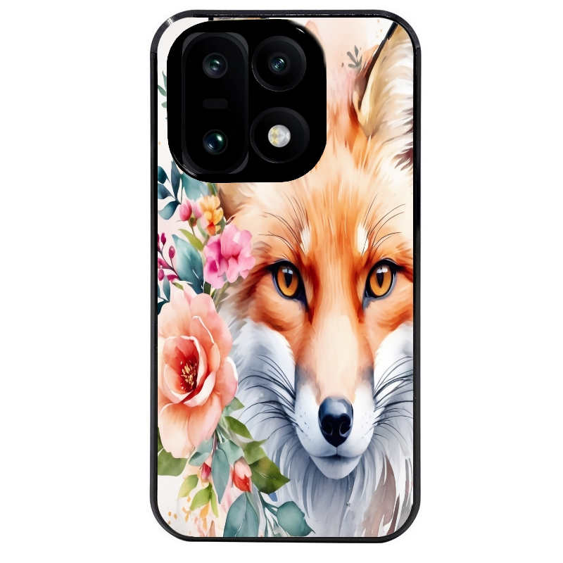 Coque noire taperso pour OnePlus 15 avec motif renard fox et fleurs protection antichoc personnalisée