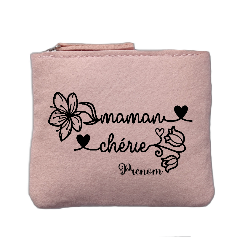 Porte monnaie personnalisé motif maman cherie rose clair en feutrine en feutrine