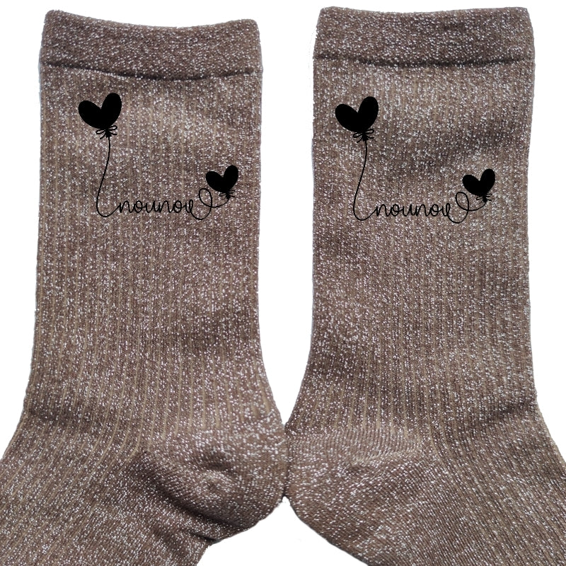 Chaussettes paillettes bronze motif nounou et coeur