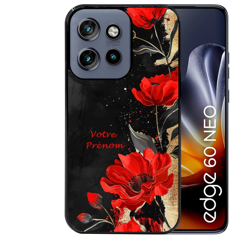 Coque noire taperso pour Moto Edge 60 et Neo Fusion Pro avec motif fleur rouge avec prenom protection antichoc personnalisée