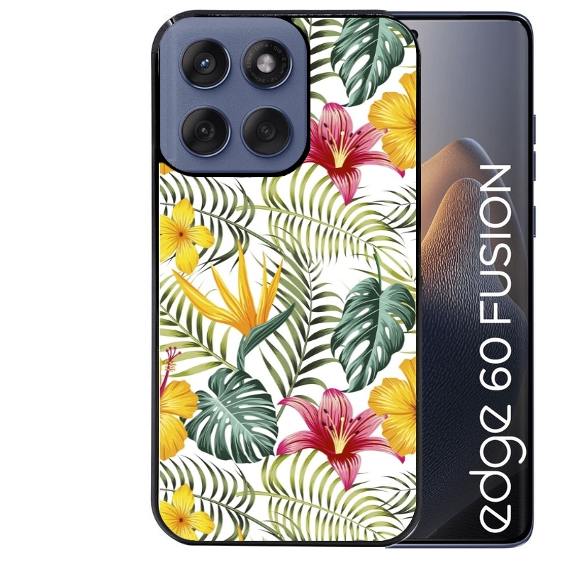 Coque noire taperso pour Moto Edge 60 et Neo Fusion Pro avec motif jungle et fleur hibiscus protection antichoc personnalisée