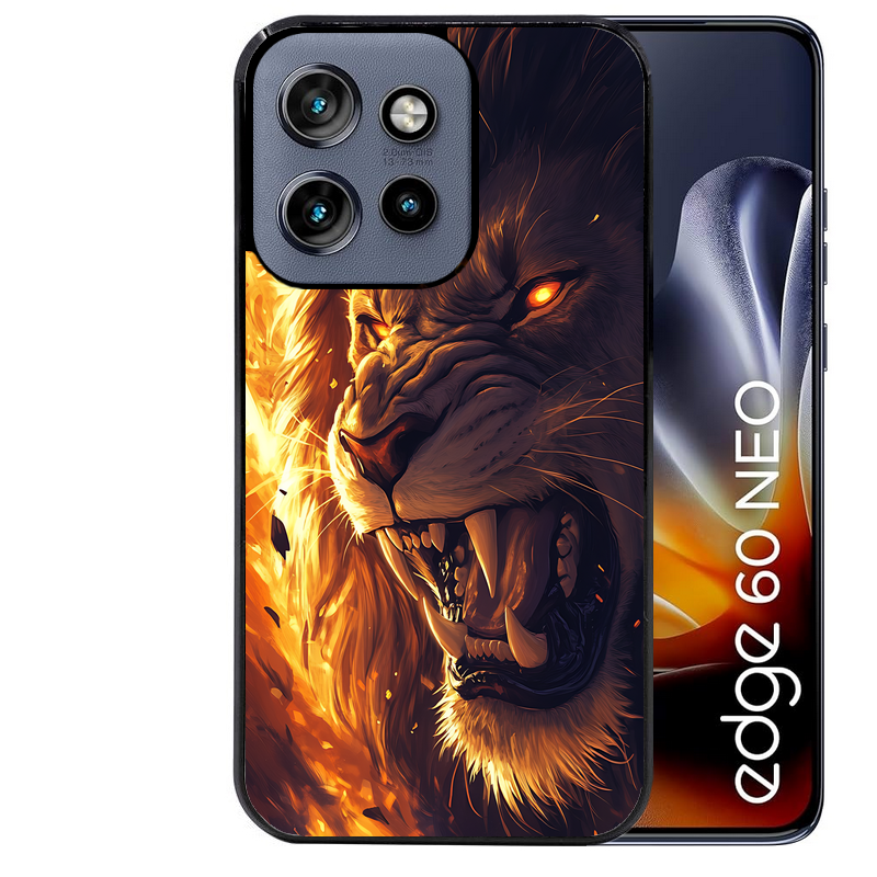 Coque noire taperso pour Moto Edge 60 et Neo Fusion Pro avec motif lion flamme protection antichoc personnalisée
