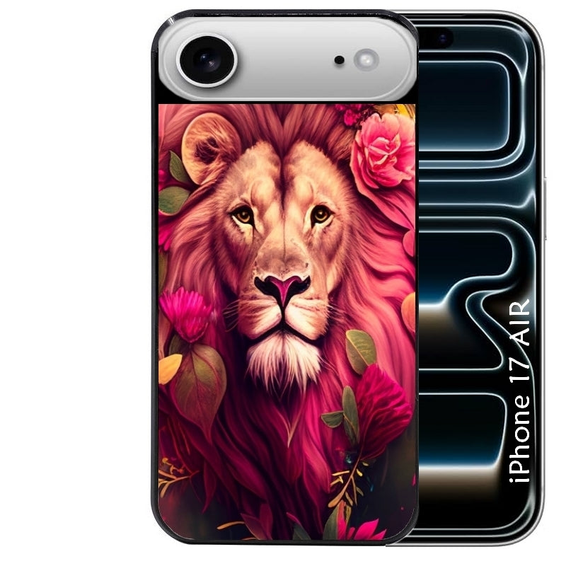 Coque noire taperso pour Iphone 17 17E AIR MAX PRO avec motif lion et fleurs rose protection antichoc personnalisée