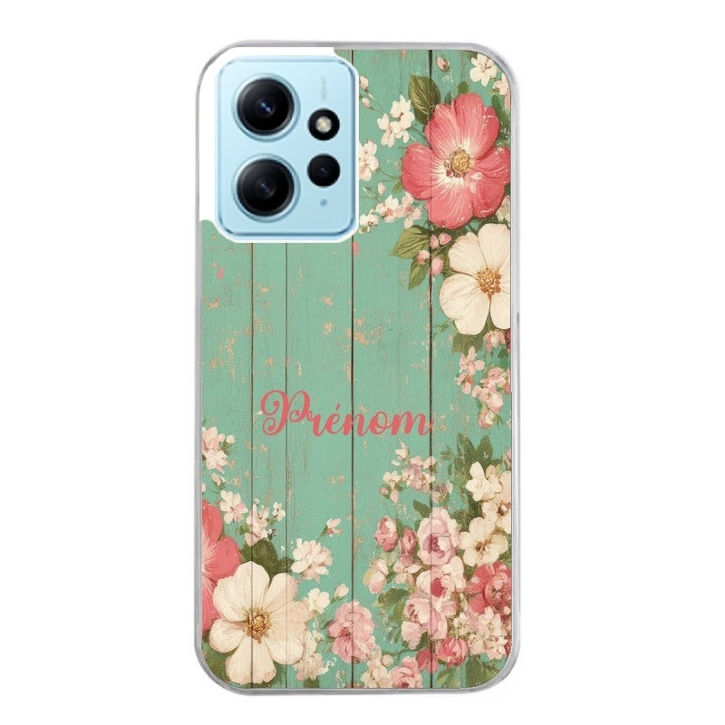 Coque taperso pour Redmi Note 12 4G 5G PRO 4G avec motif bois et fleur avec votre prenom protection antichoc personnalisée