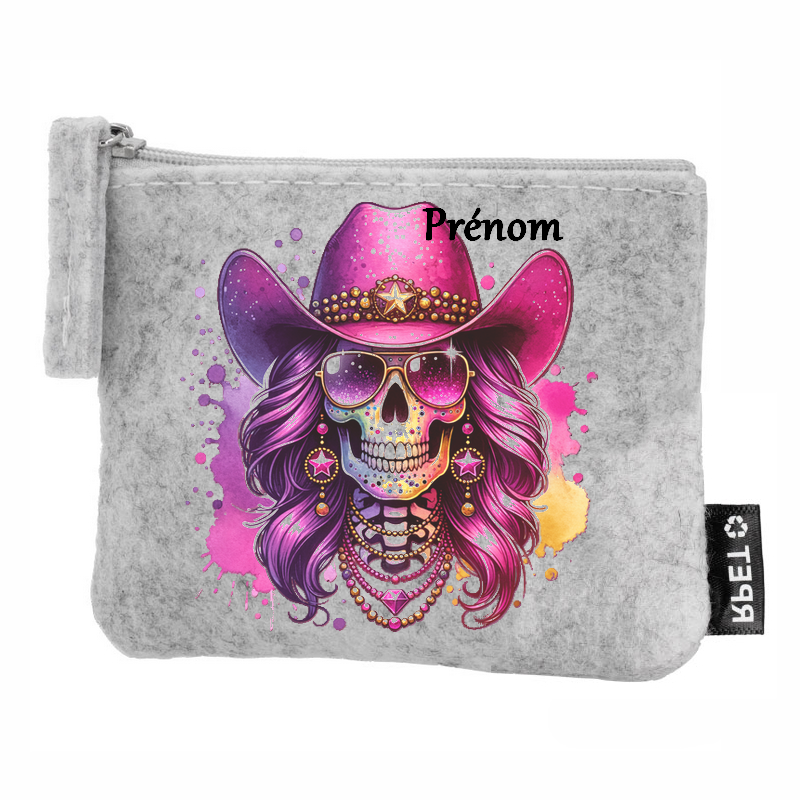 Porte monnaie personnalisé tete de mort cowboy en feutrine en feutrine