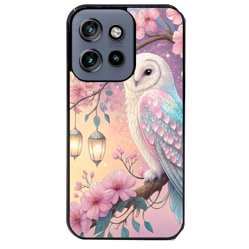Coque noire taperso pour Moto Edge 60 et Neo Fusion Pro avec motif chouette cerisier protection antichoc personnalisée