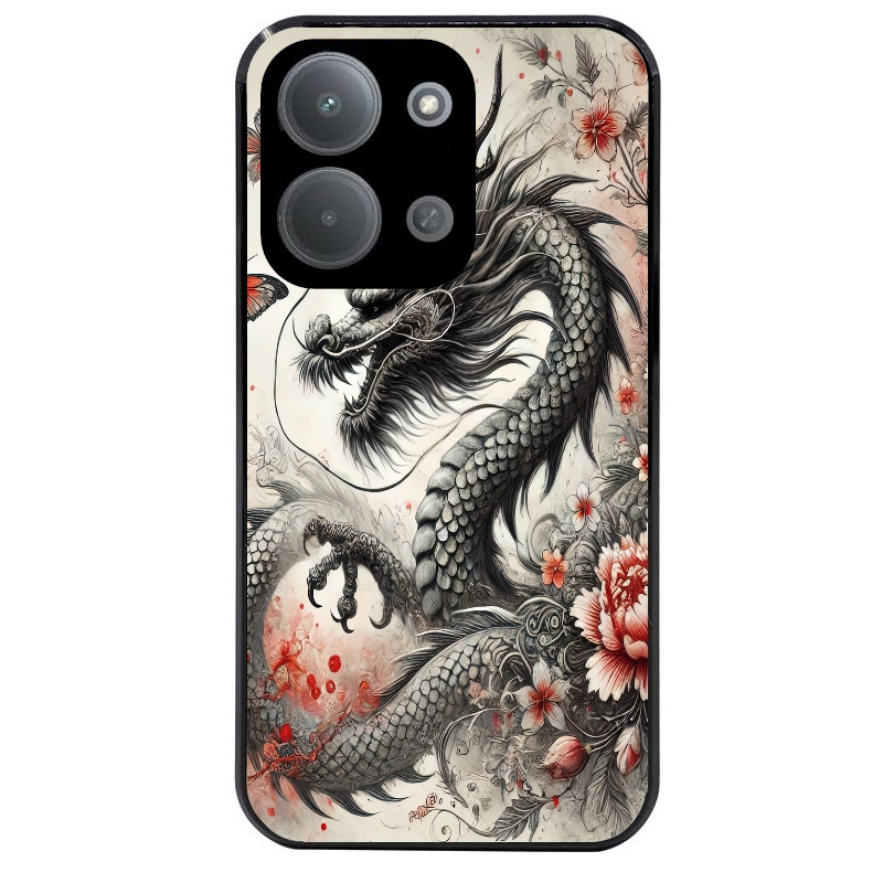 Coque noire taperso pour POCO C85 avec motif dragon japan protection antichoc personnalisée