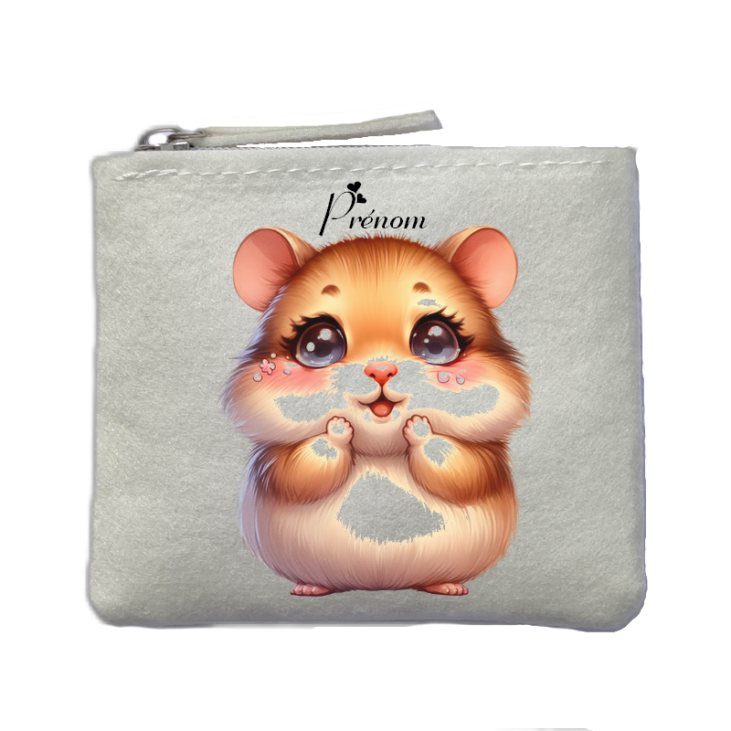 Porte monnaie personnalisé hamster kawaii ivoire en feutrine en feutrine ivoire