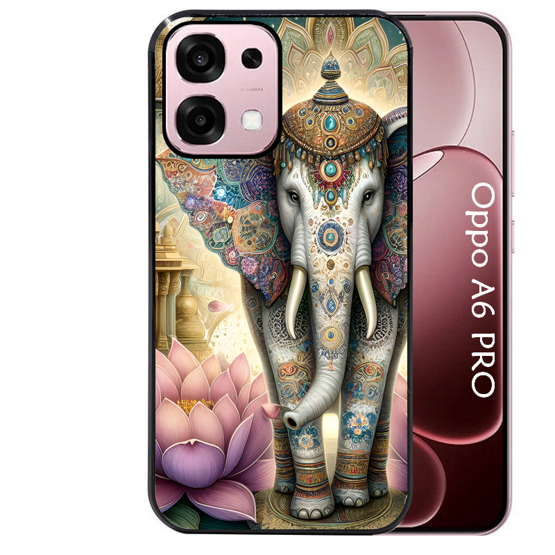 Coque noire taperso pour OPPO A6 PRO 4G et 5G avec motif elephant et lotus protection antichoc personnalisée