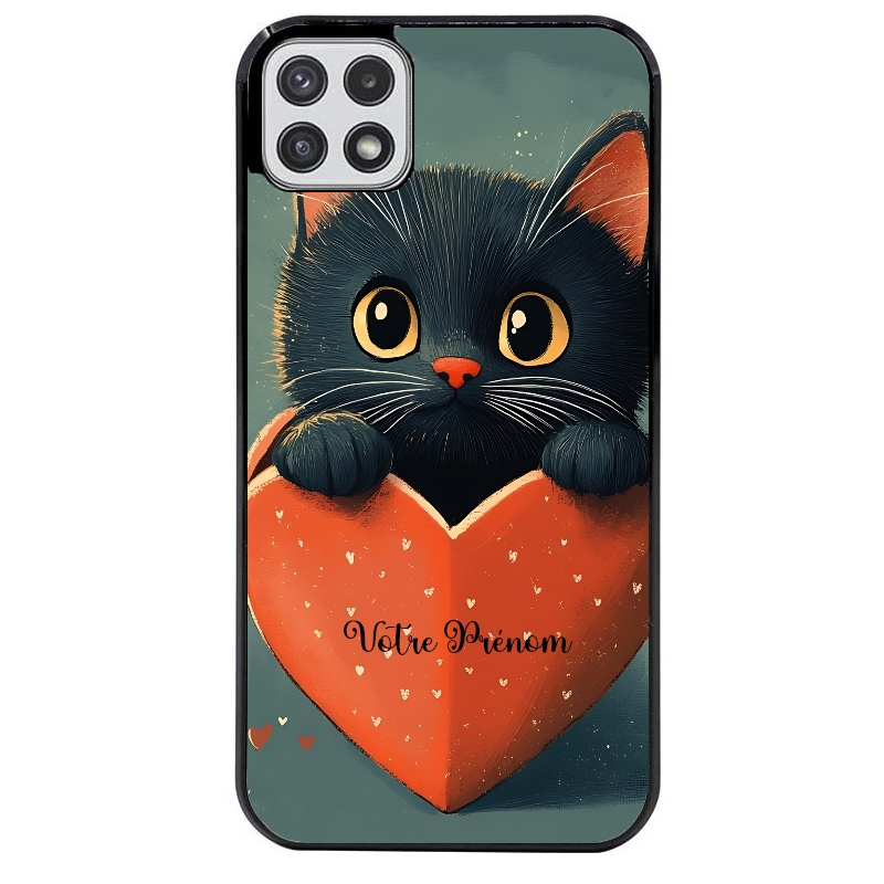 Coque noire taperso pour galaxy A22 A32 A52 A52S 4G 5G  avec motif chat et coeur avec prenom protection antichoc personnalisée
