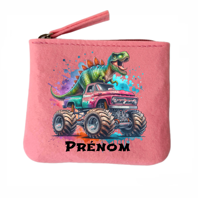 Porte monnaie personnalisé dino truck en feutrine en feutrine