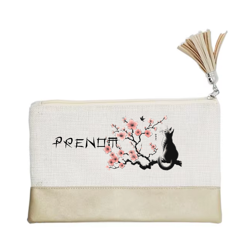 Pochette personnalisée motif chat cerisier en toile et simili cuir personnalisée