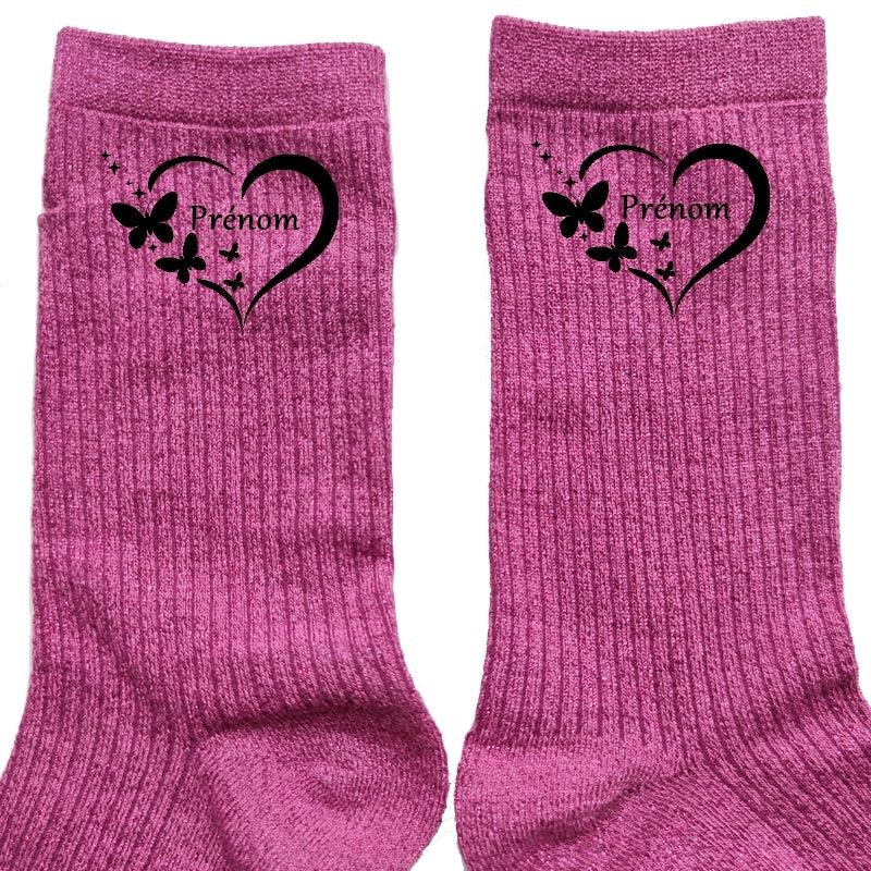 Chaussettes personnalisées paillettes rose motif coeur papillon