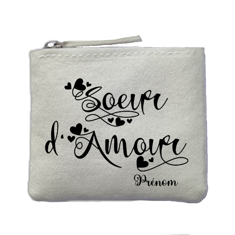 Porte monnaie personnalisé soeur d'amour ivoire en feutrine en feutrine ivoire