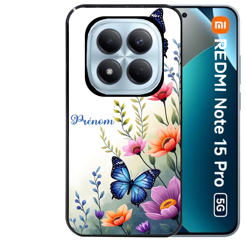 Coque noire taperso pour Redmi Note 15 et PRO PLUS 4G 5G avec motif papillon prenom personnalisee protection antichoc personnalisée