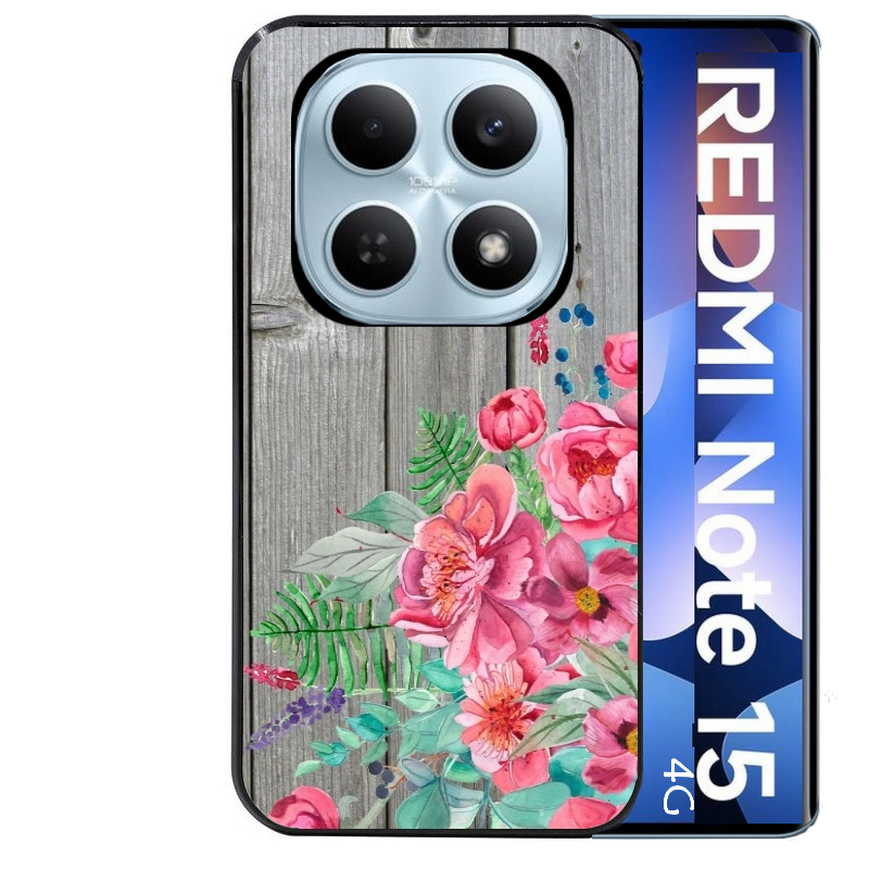 Coque noire taperso pour Redmi Note 15 et PRO PLUS 4G 5G avec motif bois gris et fleur rose protection antichoc personnalisée