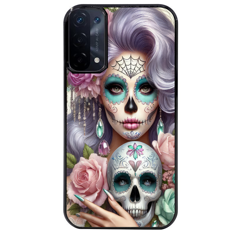 Coque noire taperso pour OPPO A54 et A74 5G avec motif tete de mort calavera bijoux protection antichoc personnalisée