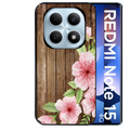 Coque noire taperso pour Redmi Note 15 et PRO PLUS 4G 5G avec motif bois avec fleur rose protection antichoc personnalisée